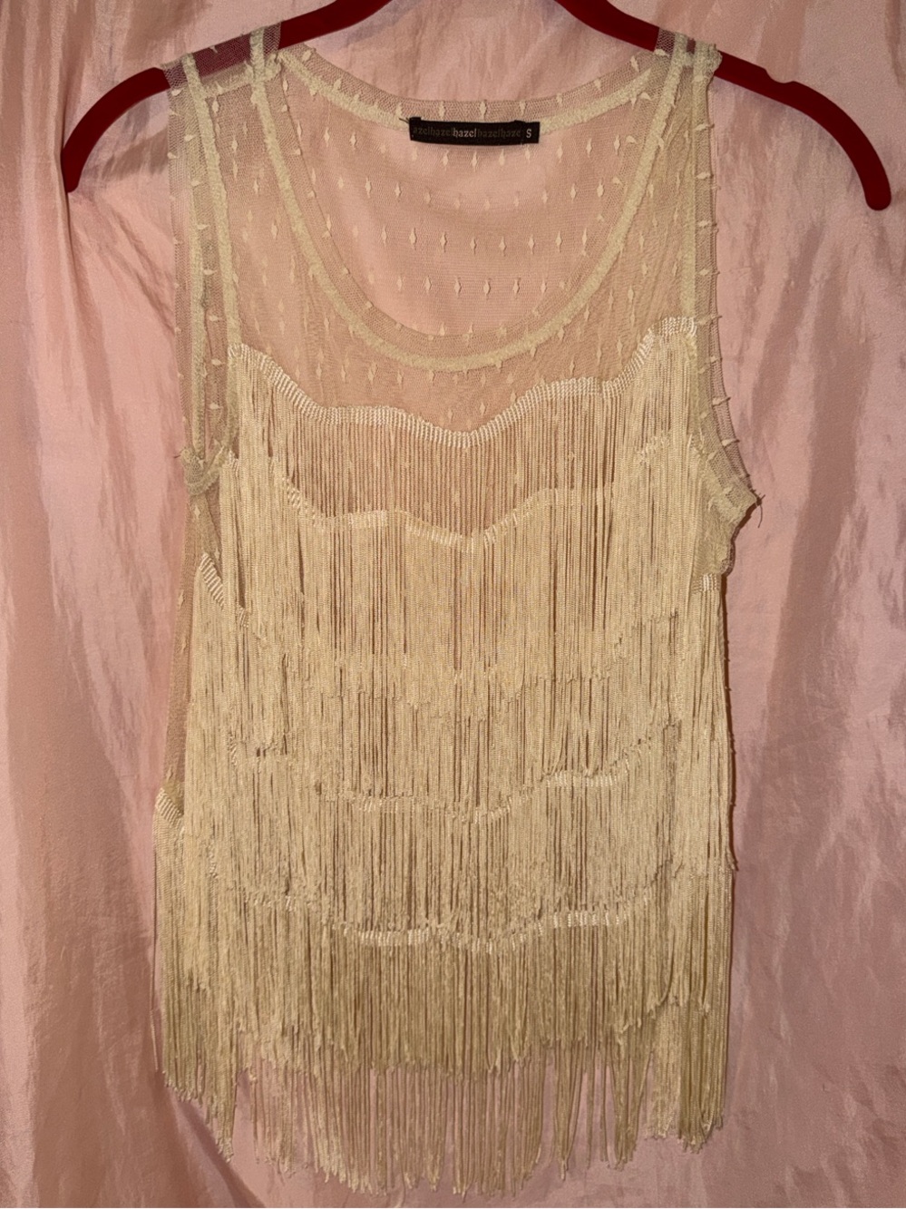 Hazel Cream Mesh Fringe Tank Top | Boho Festival Sleeveless | Size Small